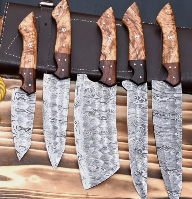 CHEF KNF Set 5: Damascus Steel Olive wood HNDL