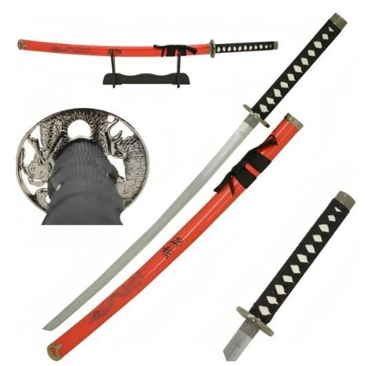 Katana: BLK HNDL RED Scabbard Dragon Tsuba