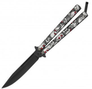 Butterfly Knife: Skull HNDL BLK BLD 8.75&quot;
