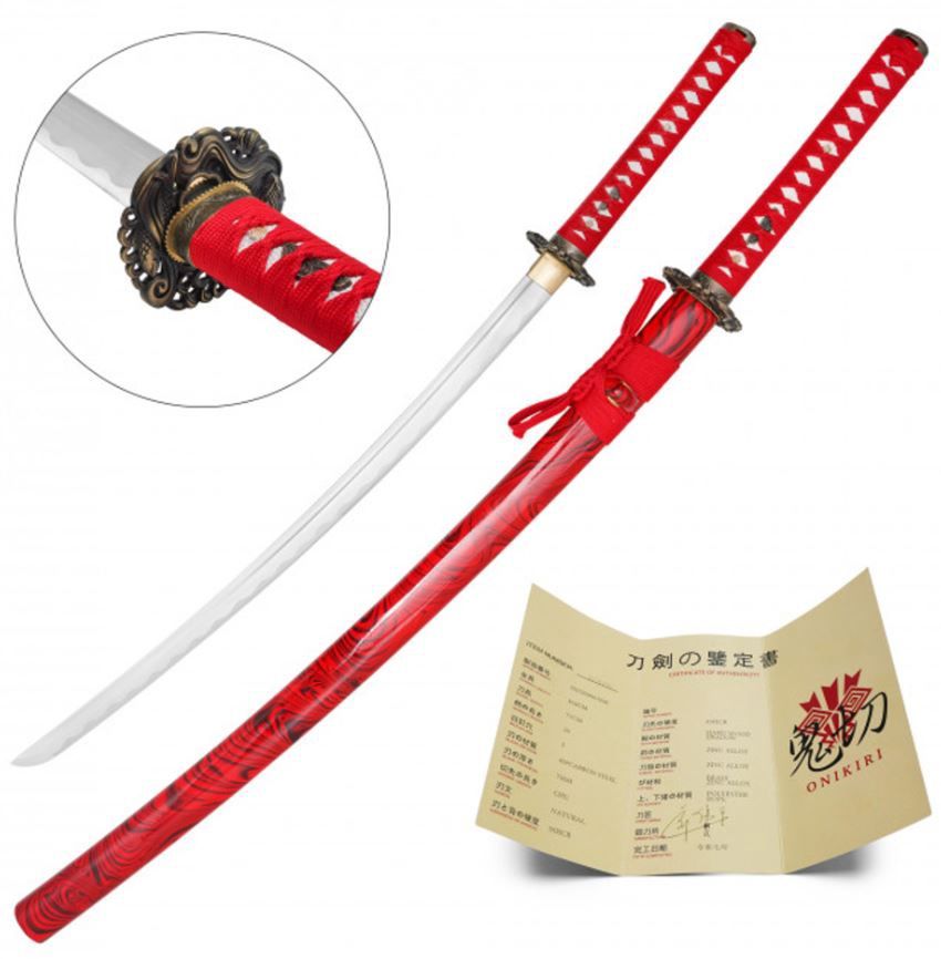 Katana: HNDFRGD 1045 CS BLD KOI Fish Tsuba RED Scabb