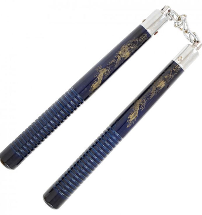 Nunchuck: BLU Ribbed Wood Gold Dragon 12&quot;