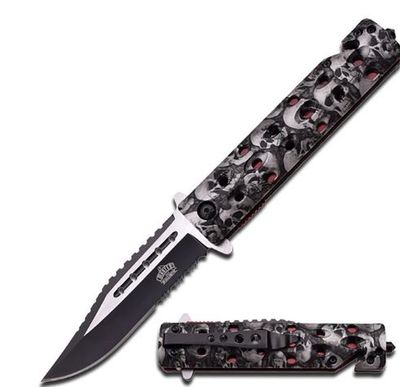 Knife: 2 color half serrt bld Gray Skull Handle
