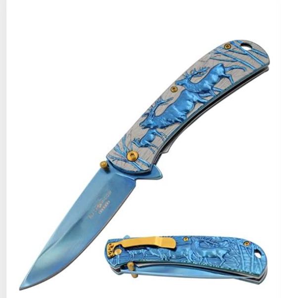 Knife: Deer etch Hndl Titan coated BLD