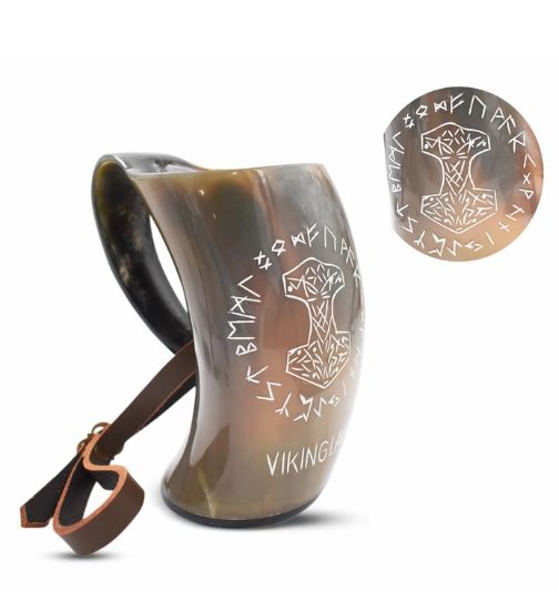 Drinking Horn Mug LTHR Strap: Thor Hammer/Runes