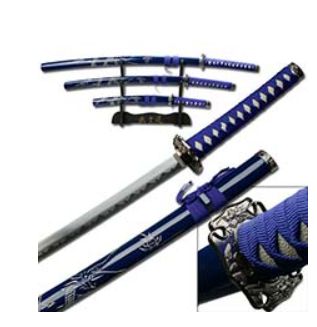 3pc Sword Set: BLUE Scabb Dragon carv BLu HNDL
