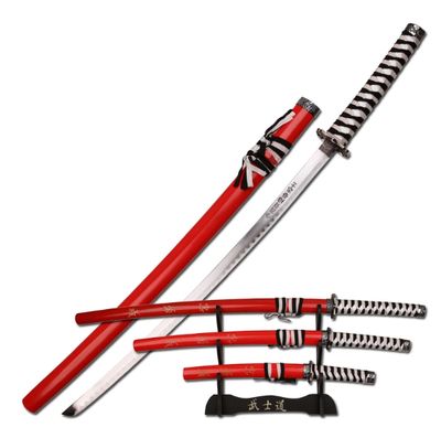 3pc  sword set: BLK&amp;WHT HNDL Japan insc BLD 40"