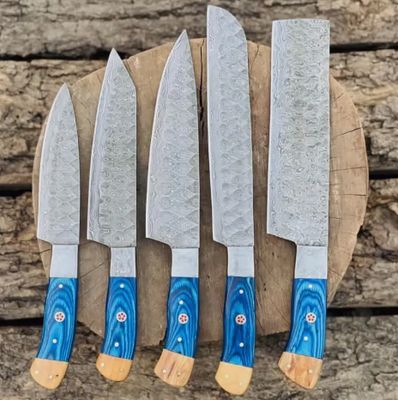 CHEF KNF Set : Hammered  Damascus BLD Steel BLU HNDL