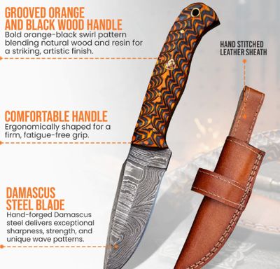 Hunt KNF: 8" Damascus BLD ORNG&amp;BLK WD Swirl HNDL
