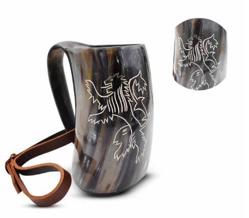 Drinking Horn Mug w/LTHR Strap:  LION 27oz