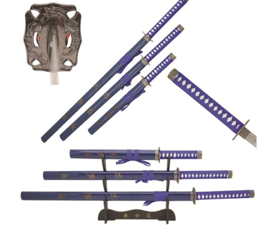 Sword 3 PC set: BLU cord HNDl BLU etch Scabbard 40"