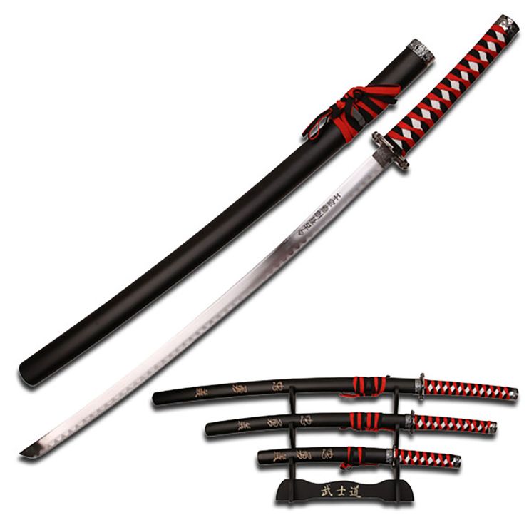 3PC Sword Set: BLK&amp;Red wrap HNDL Japan inscp scabbLBK4