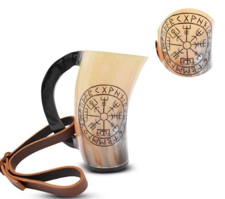 Drinking Horn Mug w/ LTHR Strap: Viking Compass