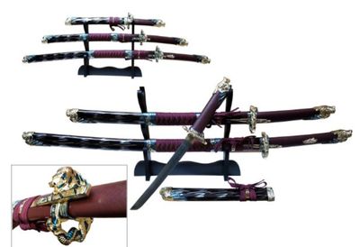Sword 3pcs Set: Corded HNDL GLD Dragon Hilt w/2 KNFs