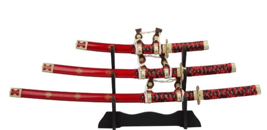 3 PC Samurai Style  Katana : Red Scabb GLD fittings