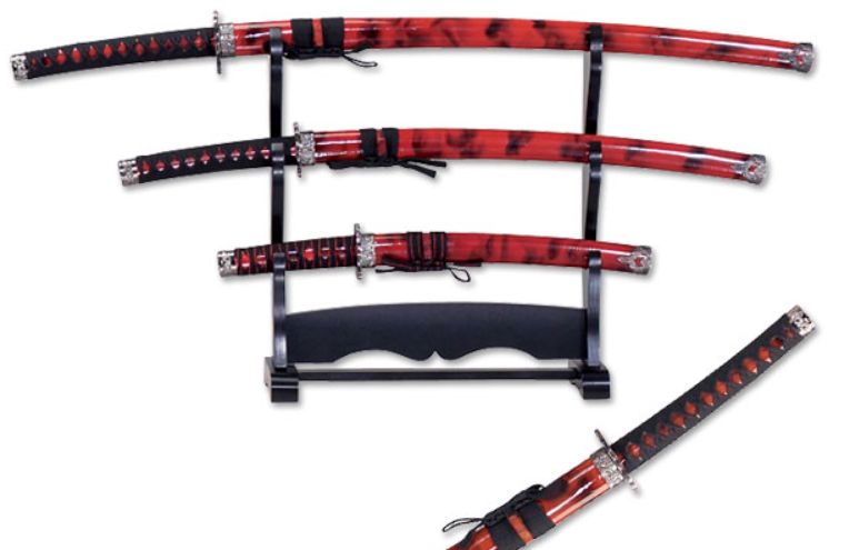 3 PC Katana Set: BLK cord HNDL, Burgan Lacq scabb