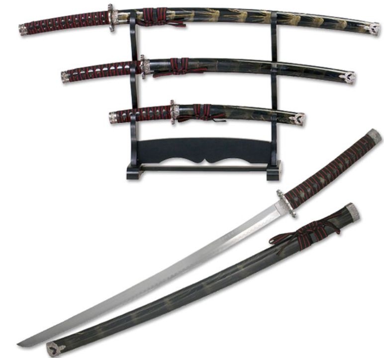 3 PC Katana Set: BLK/red  cord HNDL, BLK/GLD  scabb 40"