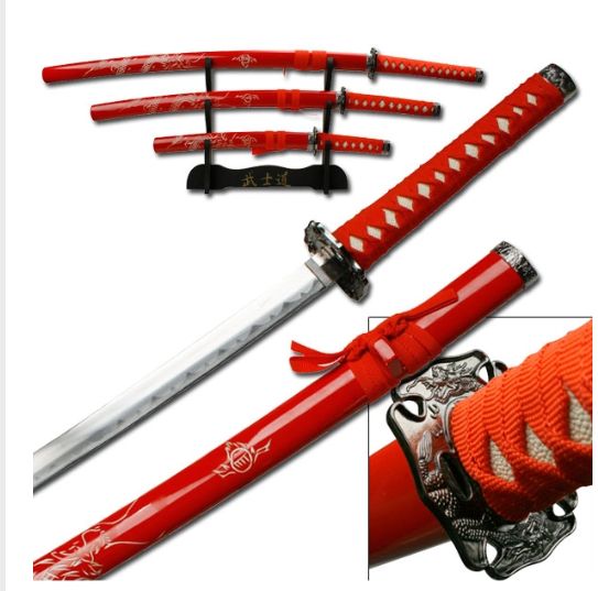 3 PC Sword Set: Red Cord wrap HNDl Dragon Scabb