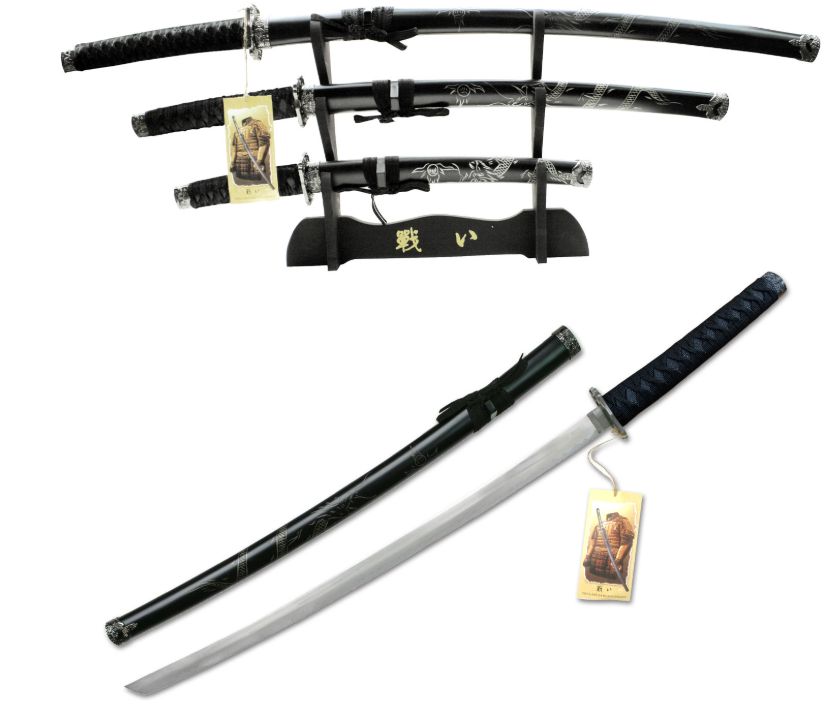 3 PC Sword Set: Last Samurai BLK SCabb &amp; Cord HNDl  40"