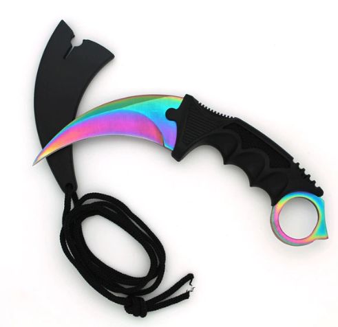 Karambit:  Neck KNF RNBW BLD FNGR Hole 8"