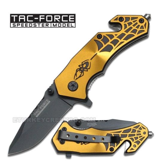 Knife: Yellow Alum Spider HNDl Serr BLD