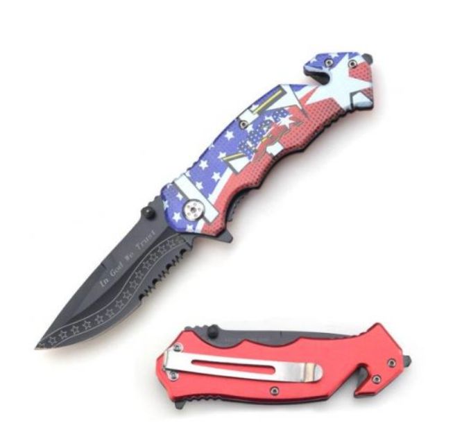 Knife: "in God we Trust" BK BLD FLG HNDL