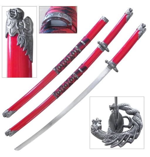 Katana: Red Scabb Dragon Head Pommel/Tsuba