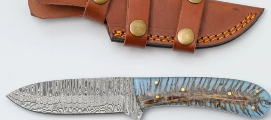 Damascus Hunt Knife: Bone&amp;BLU Resin  HNDL 8.5"