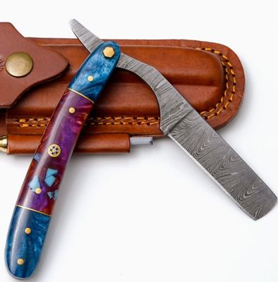 Damasc STRGHT RAZOR: BLU Pupl resin HNDL