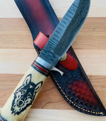 Damasc Hunt KNF: Wolf engraved BONE HNDL