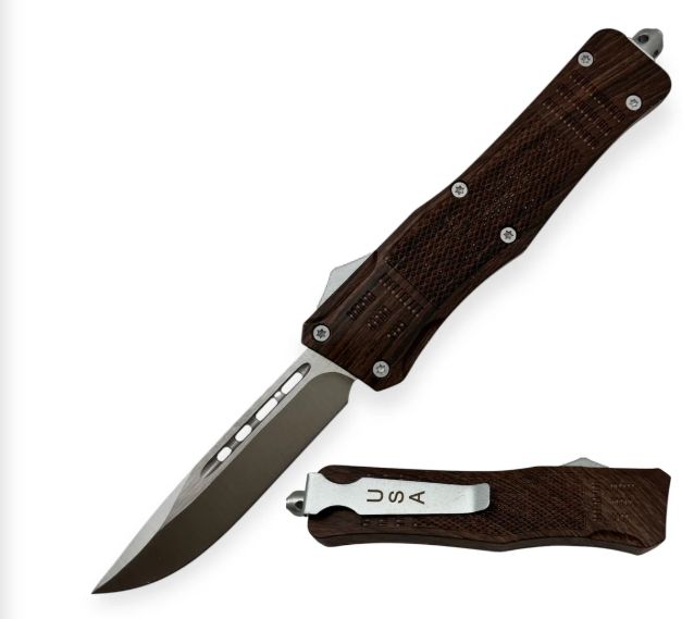 OTF: 9" Wood Design BLK HNDL DRP PT BLD