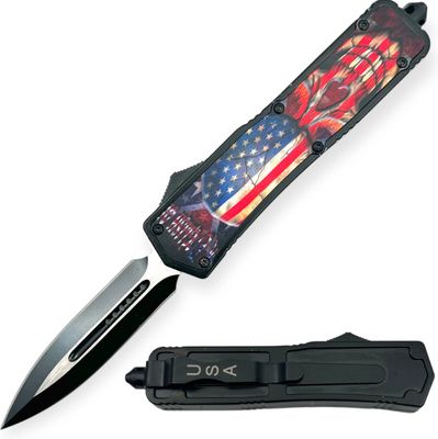 OTF: BLK DBL EDG BLD US FLAG SKULL HNDL 9"