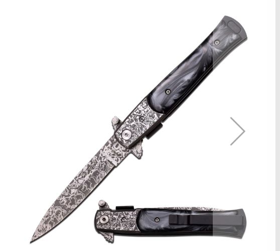 KNF: Stiletto Style 9" Acis etch BLD BLK MOP HNDL