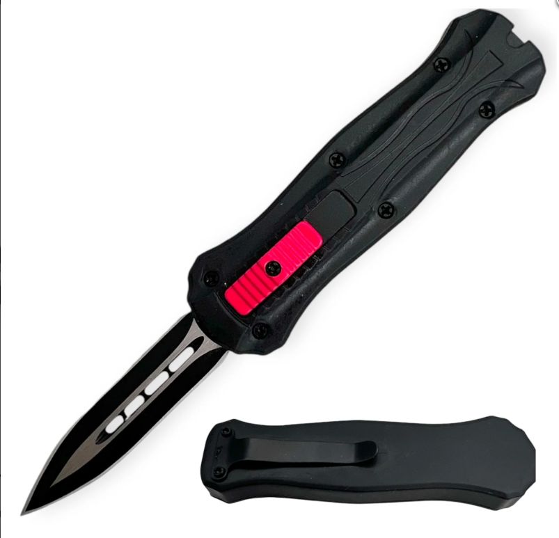 Mini OTF 5": BLK HNDL W. Pink Buttn &amp;BLK BLD