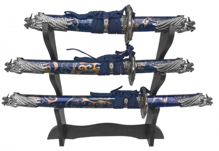 3 PC MINI Samurai Sword set BLU Dragon Scabb 16"