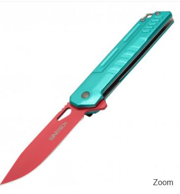 Knife:   2T DRP PT BLD Alum HMDL Lanyard Hole 8"