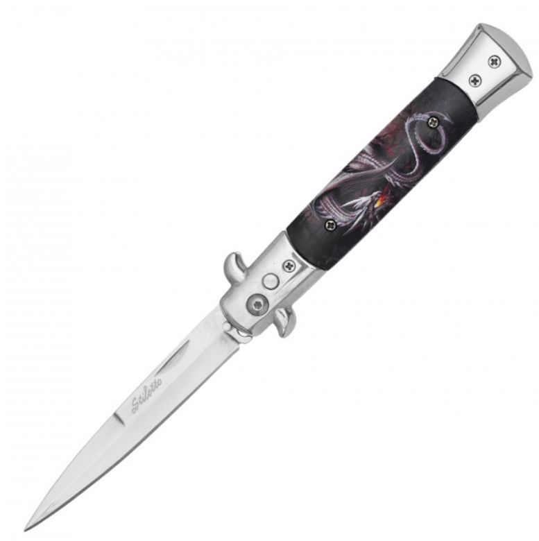 KNF: Stiletto BLD Push Button WHT Dragon  9"