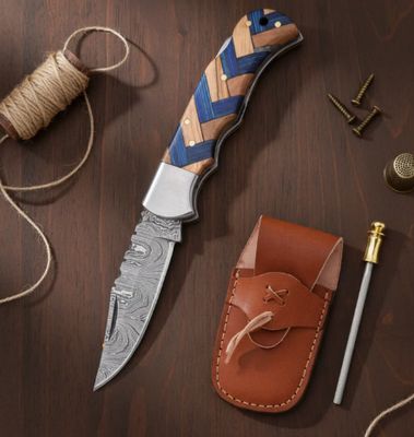 PCKT KNF: 6.5"  Damascus  BLD  BLU/Olive WD HNDL