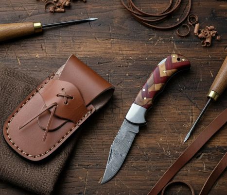 PCKT KNF: Damascus BLD 6-5" RED/Olive WD HNDL