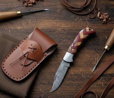 PCKT KNF: Damascus BLD 6-5" RED/Olive WD HNDL