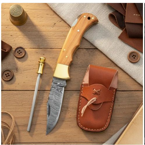 PCKT KNF: Olive Wood HNDL Damascus BLD  6.5"