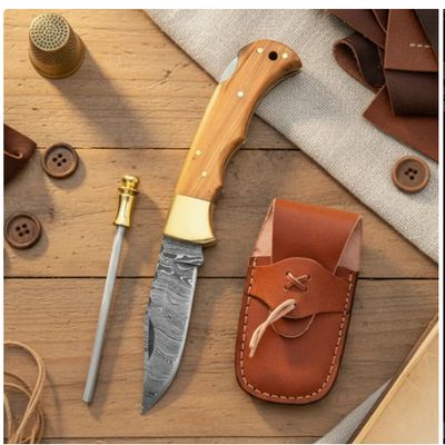 PCKT KNF: Olive Wood HNDL Damascus BLD  6.5"