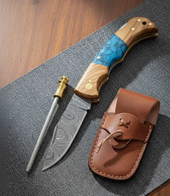 PCKT KNF: OLV WD &amp; Turq Resin Band HNDL Damascus BLD