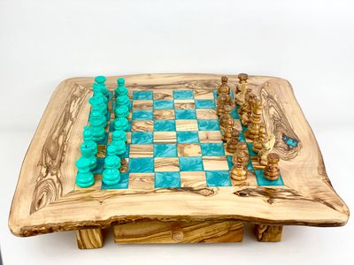 Olive Wood Resin Chess Board: Green 17" Drawer