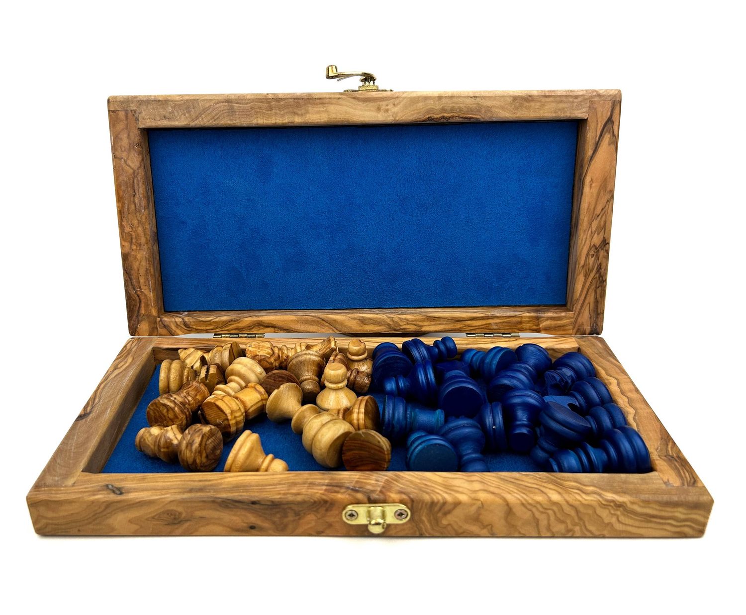 Olive Wood and Resin Folding Chess Set: Blue