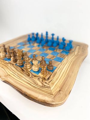 Olive Wood Resin Chess Board: Blue 17" /Drawer