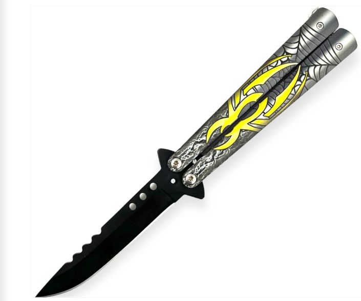 Butterfly KNF: 9" HNDMD YLW Spider HNDL PRN BLK BLD