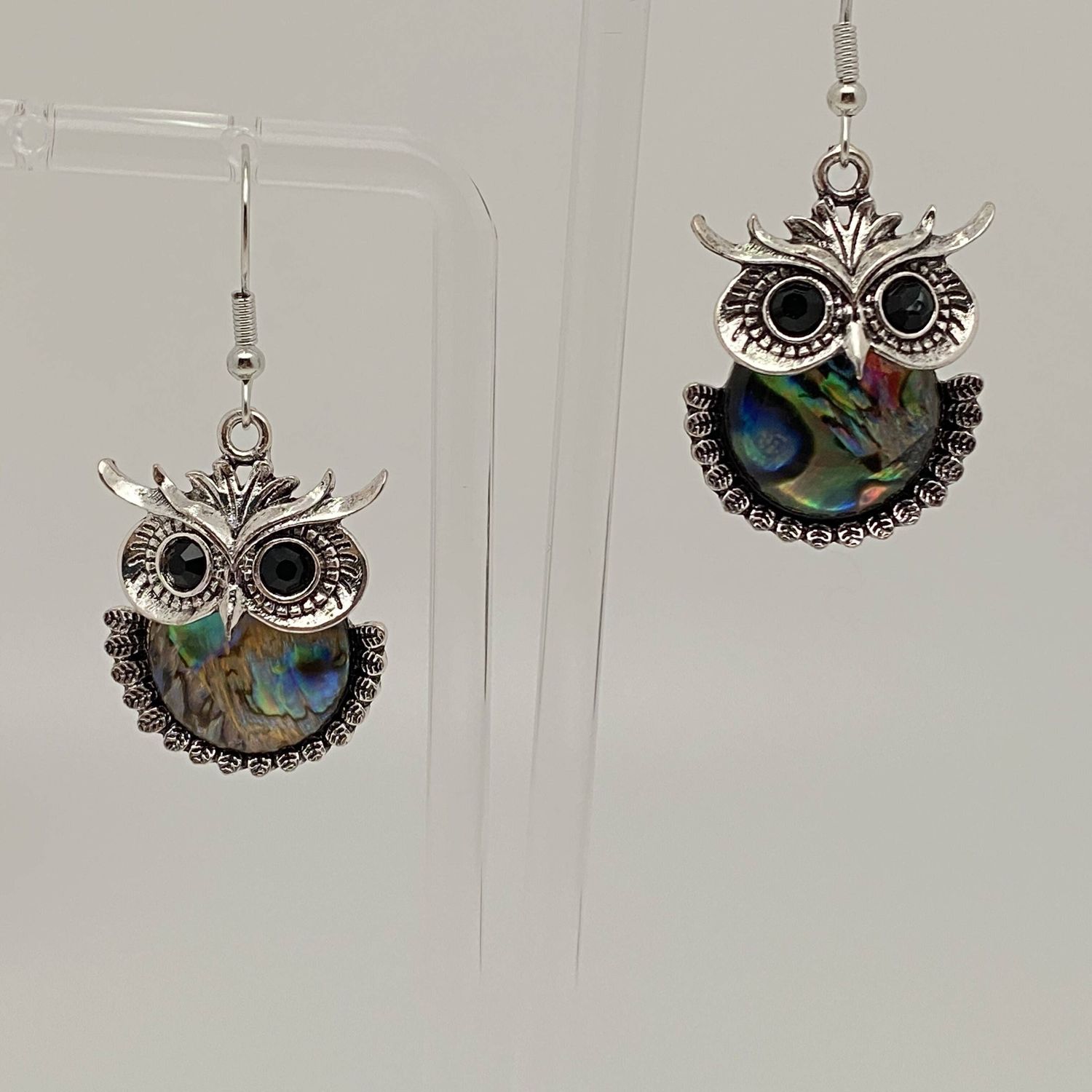 Earrings: Owl Geometric Abalone Shell