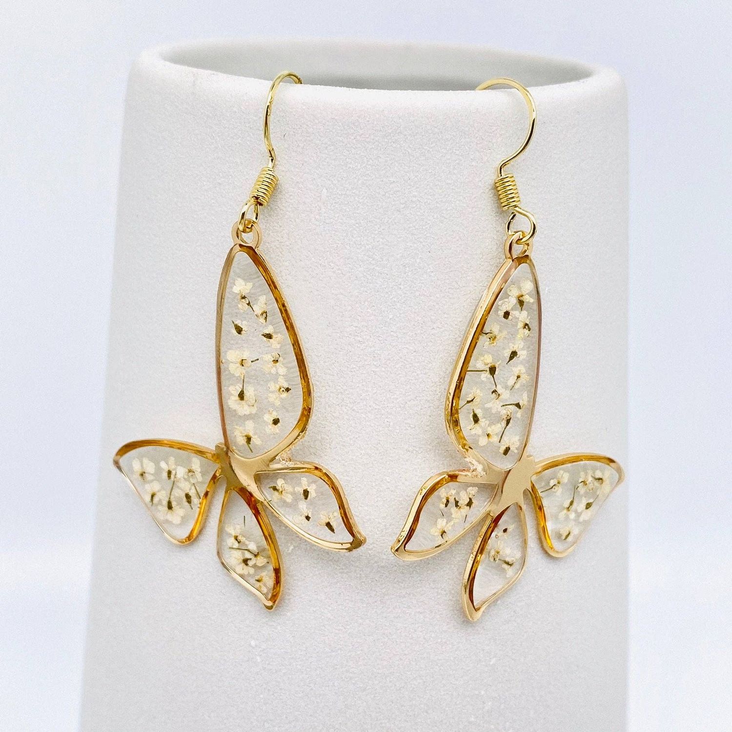 Earrings: Dried Queen Anne's Lace Butterfly