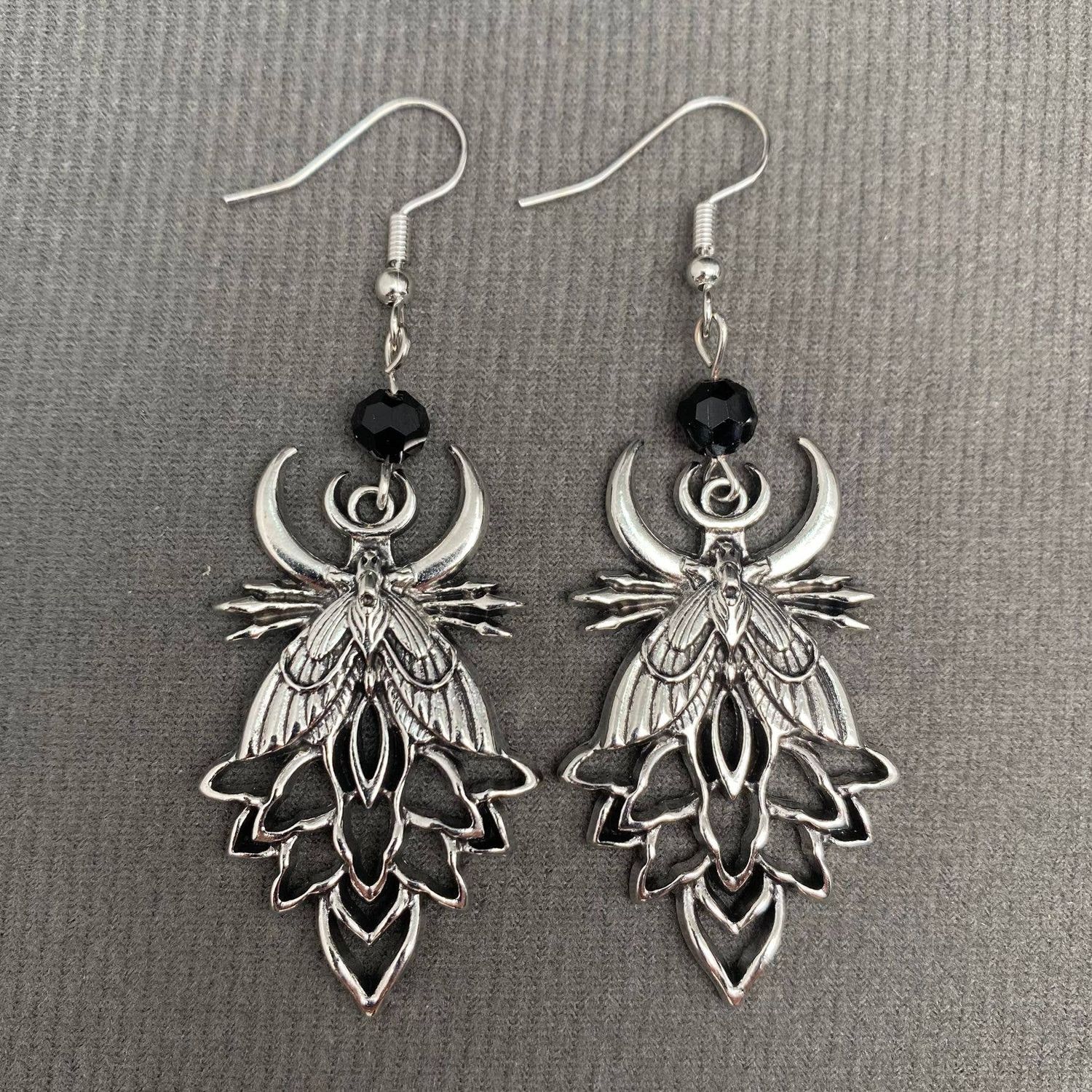 Earrings: Goth Moth Black Bead