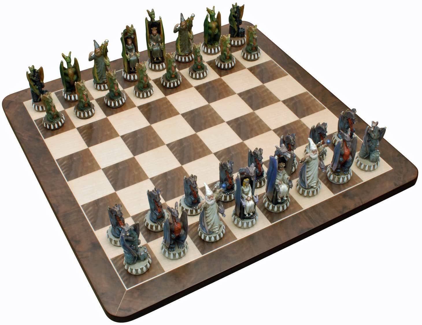 HNDPNTD Dragon Chess Set, Walnut Board 21 in.